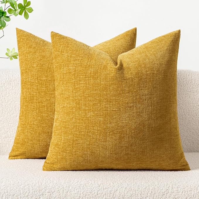 MIULEE Soft Chenille Throw Pillow Covers Mustard Yellow 18x18 Pack of 2 | Modern Home Decor, Classic Decorative Pillows, Solid Dyed Cases, Boho Couch Cushion Covers for Sofa Bed Living Room