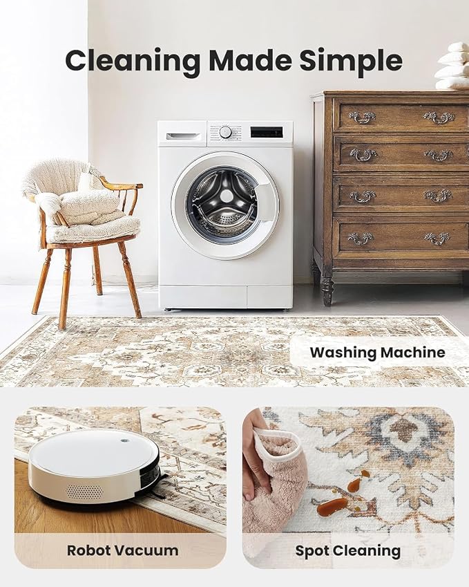 AMADA HOMEFURNISHING Round 6ft Area Rugs, Low-Profile Washable Rug with Non-Slip Backing & Durable Edge Binding, Vintage Rugs for Living Room, Bedroom, Dinning Room