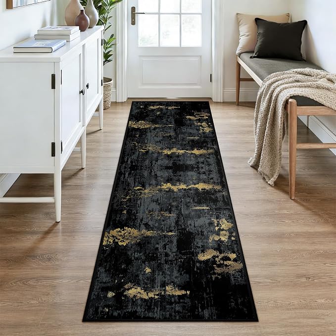 RELEANY Washable Runner 2'6"x8' Abstract Area Rug for Hallway Black Gold | Carpet for Kitchen, Entryway, Bathroom, Living Room, Bedroom, Printed Pattern, Non‑Slip, Soft, Stain‑Resistant, Easy to Clean