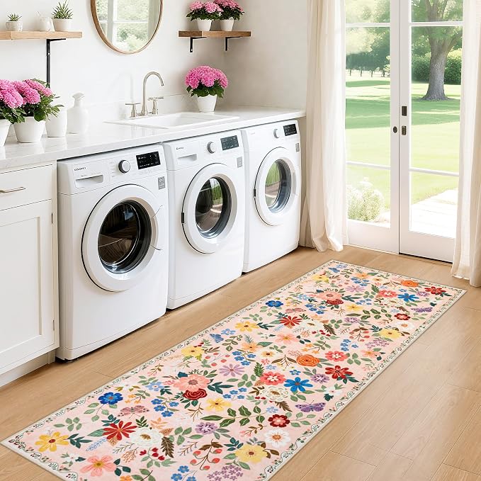PLHXFR 2x6 Washable Runner Rug：Floral Indoor Kitchen Soft Carpet Beige | For Hallway Bedroom Kitchen Laundry Bathroom Dorm,Vintage Floral,Machine washable,Non Slip,Stain Resistant,Indoor Floor