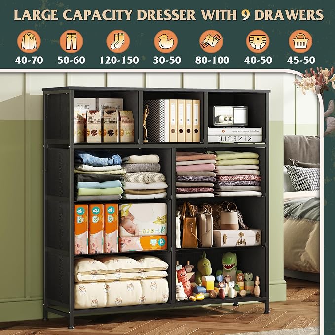 WLIVE Tall Dresser for Bedroom, 9 Drawer Chest of Drawers, Vintage Green | 9 roomy fabric drawers, Tall storage design, Bedroom or closet use, Sturdy steel frame, Smooth wood tabletop