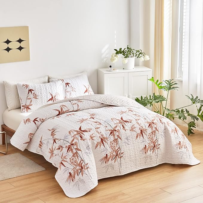 Botanical Quilt Set 3 Piece Full/Queen, Burnt Orange Leaves on White Design Reversible Bedspread Coverlet Set, Soft Microfiber Lightweight Bed Cover for All Season (90" x 90", 1 Quilt+ 2 Pillow Shams)