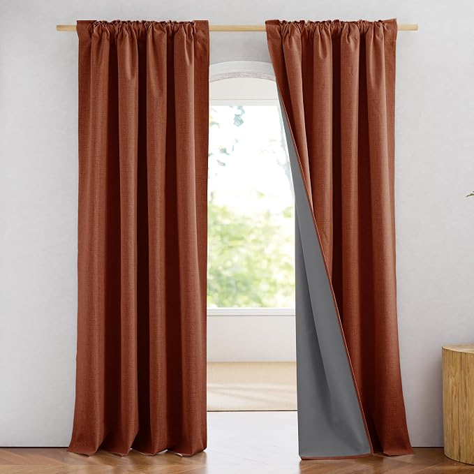 NICETOWN 100% Blackout Linen Curtains 84 inch Long 2 Panels, Rust Orange | Vintage Bedroom Curtains Thermal Insulated, Noise Reducing, Privacy Protection, Halloween Atmosphere Decoration, W52" x L84"