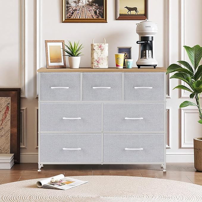 7-Drawer Dresser for Bedroom, Anti-Tip Wide Storage Organizer Fabric | Chest of Drawers TV Stand for 45" TV with Wooden Top and Metal Frame for Closet, Living Room, Hallway, Entryway, Light Gray