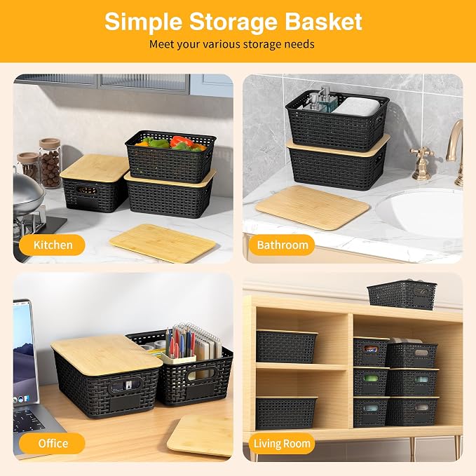 6 Pack Plastic Storage Baskets, Black bamboo lid storage Box | Labels, Stackable, For Organizing Shelves Pantry Drawers Desktop Closets Organizing Desktop Closet Playroom Classroom