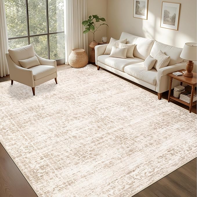 5x7 Area Rugs Living Room: Washable Rug for Bedroom Beige Brown | Boho No Slip Stain Resistant Rug Soft Indoor Decor Floor Floral 5x7 Area Rugs for Dining Room, Nursery, Hallway, Home Office