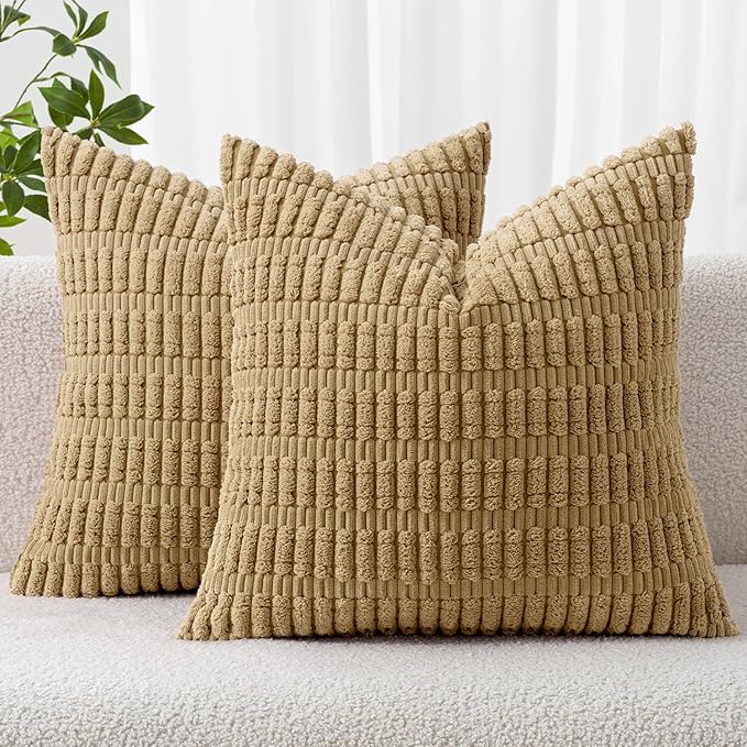 MIULEE Corduroy Decorative Throw Pillow Covers 18x18 Khaki Pack of 2 | Soft Boho Striped Pillow Covers Modern Farmhouse Fall Home Decor For Sofa Living Room Couch Bed