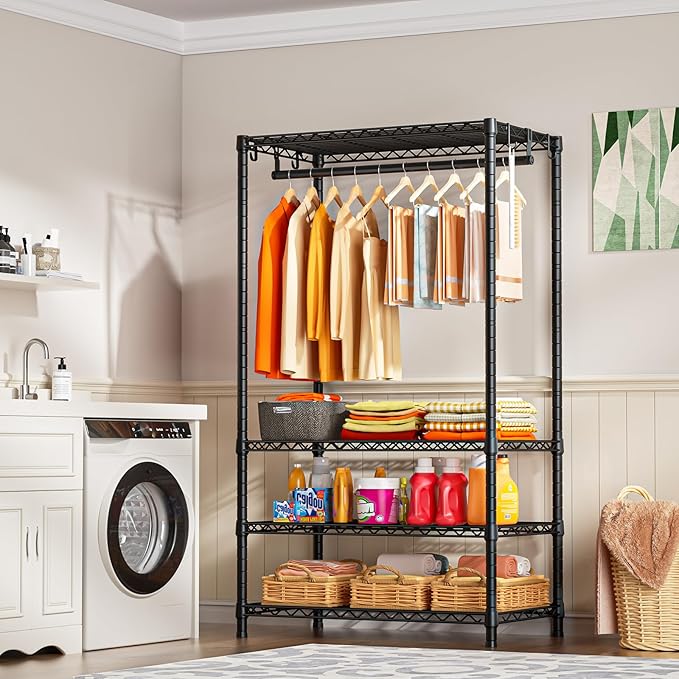 Ulif H4 Portable Closets, 4-Tier Metal Clothes Garment Rack for Bedroom and Cloakroom, Clothing Closet Storage and Organizer Wardrobe, 35.4" W x 14" D x 76.4" H, Black | Black Freestanding Clothing Closet Storage and Organizer Wardrobe for Apartment an...