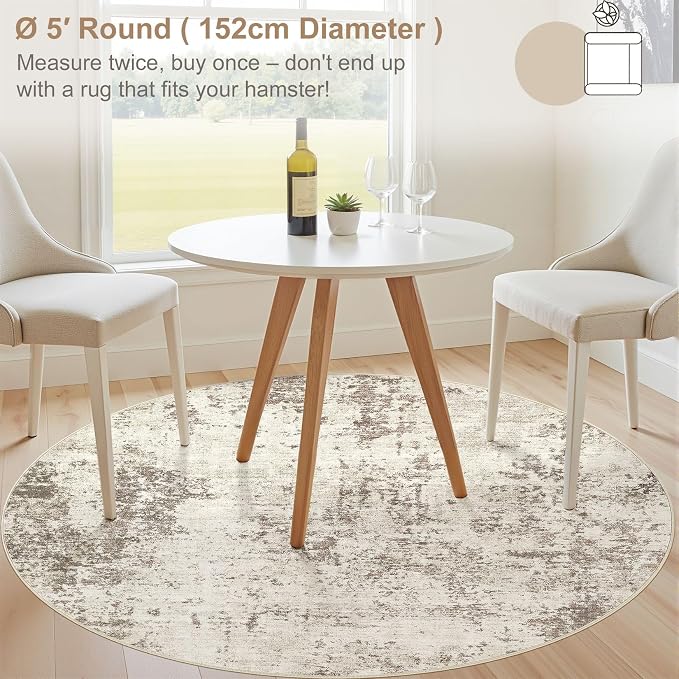 UERMEI 5ft Round Area Rug Living Room Rugs - 5x5 Washable Neutral Modern Abstract Soft Thin Rug Indoor Floor No Slip Rug Carpet for Bedroom Under Dining Table Home Office Decor - Golden Grey