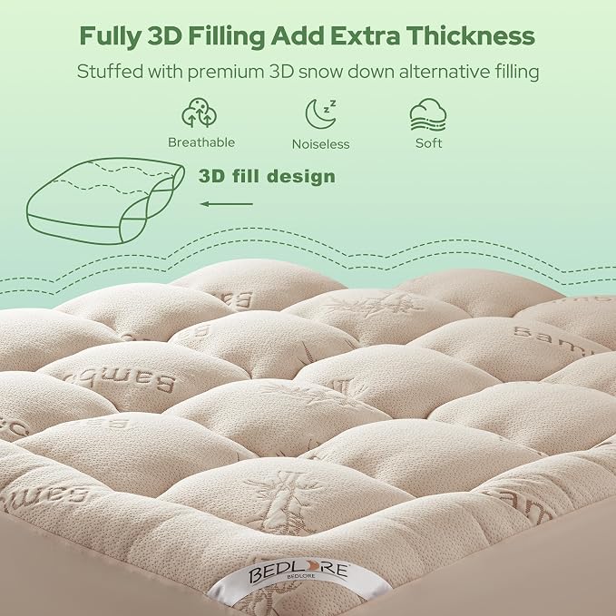 BEDLORE Queen Mattress Topper Viscose Bamboo, Thick Pillow Top Mattress Pad | Stretchable Pockets Fit 6”-18” Mattress, Soft Breathable Mattress Topper for Back Pain Relief and Hot Sleepers(Beige)