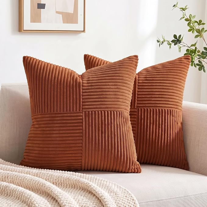 Fancy Homi 2 Packs Rust Euro Decorative Throw Pillow Covers 28x28 Inch for Bedroom Bed, Farmhouse Boho Home Decor, Soft Corss Corduroy Patchwork Textured Square Terracotta Cushion Case 71x71 cm