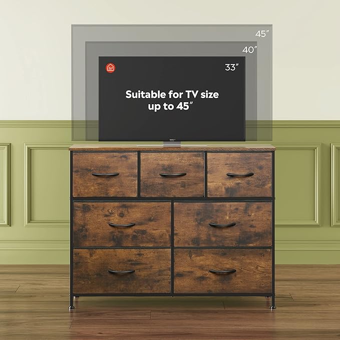 WLIVE Dresser for Bedroom, 7 Drawers, TV Stand, Rustic Brown Wood Grain | 7 roomy fabric drawers, Fits TVs up to 45 inch, Bedroom or living room, Wide storage design, Chest of drawers