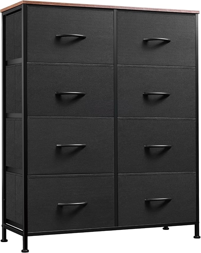 WLIVE Tall Fabric Dresser with 8 Drawers, Storage Tower with Fabric Bins, Double Dressers, Chest of Drawers for Closet, Bedroom, Living Room, Hallway, Dorm, Black and Rustic Brown | Black tall 8-drawer fabric dresser with bins, sleek modern tower for b...