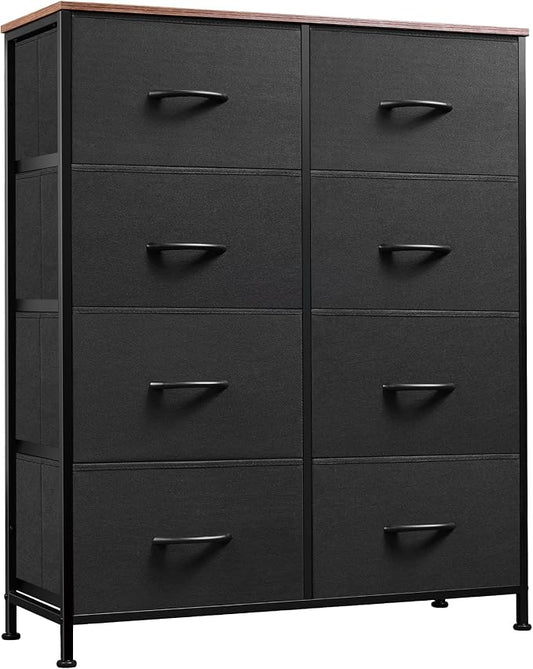 WLIVE Tall Fabric Dresser with 8 Drawers, Storage Tower with Fabric Bins, Double Dressers, Chest of Drawers for Closet, Bedroom, Living Room, Hallway, Dorm, Black and Rustic Brown | Black tall 8-drawer fabric dresser with bins, sleek modern tower for b...
