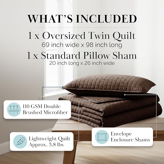 Southshore Fine Living, Inc. Twin XL Bedspread Quilt Set, Dorm Room Bedding Essentials, Machine Washable Bed Spread for Guest Room, XL Twin Brown Bedspread Set w/Pillow Sham, Chocolate Brown Quilt