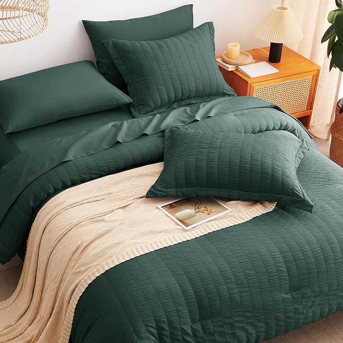 Oversized King Seersucker Comforter Set, Forest Green, 120 x 98 in | OEKO-TEX Certified, 7 Pieces Bed in a Bag with 240 GSM Down Alternative Comforter, Flat & Fitted Sheets, Pillowcases & Shams