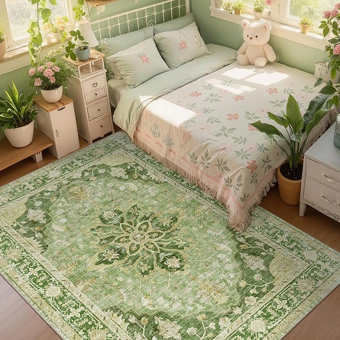 RELEANY Washable Area Rug, 8'x10', Green/Yellow | Non-Slip, Water Repellent, Pet Friendly, Easy to Clean, Vintage Floral Boho Decor for Living Room Bedroom Dining Room