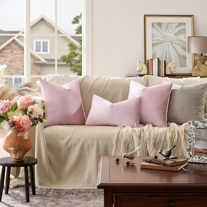 GIGIZAZA Sweet Lilac Velvet Throw Pillow Covers 16x16 Pack of 2 | Decorative Pink Pillows for Couch Sofa,280gsm Soft Textured Fabric,Modern Square Pillowcases,Luxury Cushion Covers