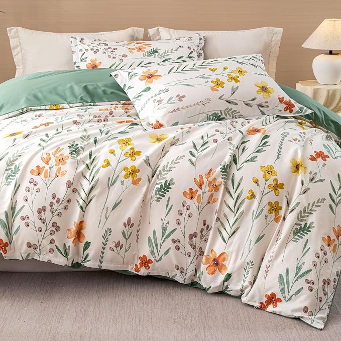 OAITE Twin Duvet Cover Set 3pcs 100% Cotton with Green Pastoral | Cottagecore,Soft, Breathable,Long-lasting,Comfort,Hidden Zipper,8 Corner Ties,Easy Care for All Season