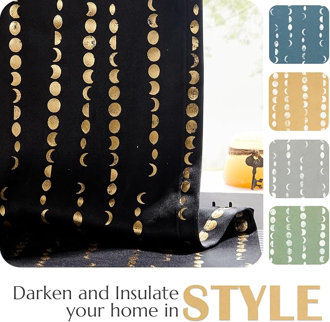 jinchan Boho Blackout Curtains 63 Inch Length Moon Phase Printed Drapes | Gold on Black Farmhouse Curtain for Bedroom Living Room Back Tab Rod Pocket Drapes Room Darkening Window Treatment 2 Panels