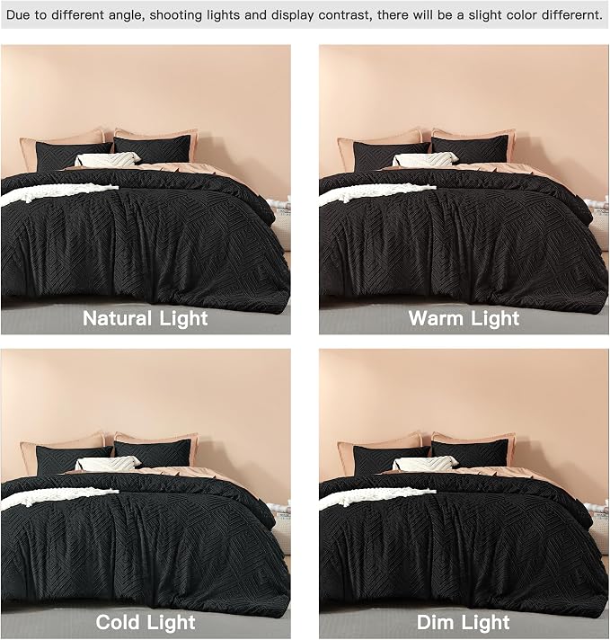 Litanika Queen Size Comforter Set, 3 Pieces Black Tufted Boho Bedding Set | Farmhouse Shabby Chic Vintage Bohemian Textured Aesthetic Soft Fluffy Lightweight Breathable All Season Bed Set for Queen Bed