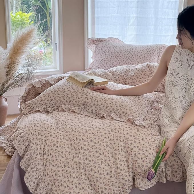 Vintage Purple Floral Duvet Cover Queen, Muslin Cotton Comforter Cover, Soft Lightweight Farmhouse Bedding Ruffles Quilt Covers 90"x90", Zipper & Corner Ties, No Pillow