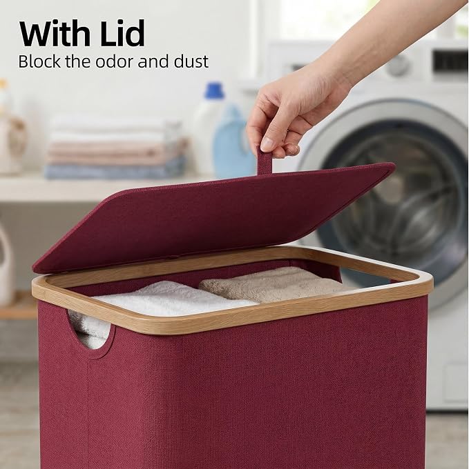 efluky Slim Laundry Basket with Lid, Narrow Laundry Hamper with Removable Bag, Skinny Dirty Clothes Basket with Bamboo Handles for Bathroom, Bedroom & Laundry Room (Burgundy, 75L)