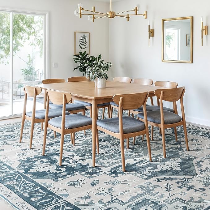 Rugflix 9x12 Area Rugs for Living Room, Washable Light Blue Large Rug | Machine Washable; Stain-Resistant; Low Pile; Non-Slip; Boho Vintage Printed; Carpet for Bedroom Dining Office Nursery Home