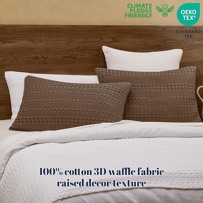 PHF 100% Cotton Waffle Pillow Shams Queen Size, 2 Pack 20" x 30" Soft Skin-Friendly Pillowcases, No Filling, Aesthetic Woven and Breathable Waffle Weave Pillow Case Covers for Bed, Chocolate