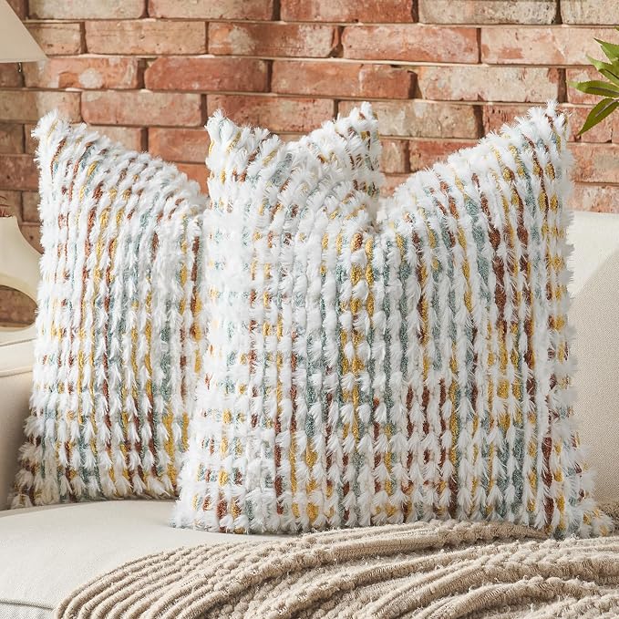 AmHoo Set of 2 Boho Chenille Pillow Cover Decorative Tufted Pillowcase for Couch Bed Sofa Bedroom Living Room Modern 18 x 18-Inch Brown White