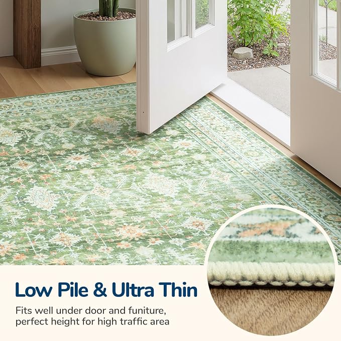 Area Rugs 8 x 10 for Living Room,Large Washable Carpet Light Green | Durable Stain Resistant,Kid Pet Friendly,Compatible with All Vacuums,0.25inch Low Pile for Bedroom Dining Room Home Office
