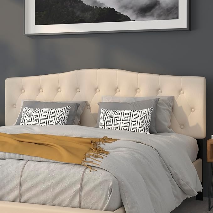 Emma + Oliver Beige King Tufted Headboard | Adjustable Bed Rail Slots, Fabric Upholstered