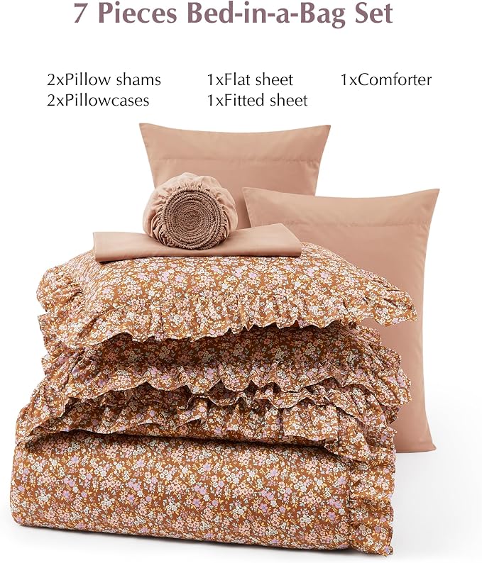 Full Size Comforter Sets-7 Pieces Floral Ruffle Bedding Set | Brown Ditzy Bed in a Bag, Soft Lightweight All Season Farmhouse Full Size Bedding Sets with Sheets, Pillowcases & Shams