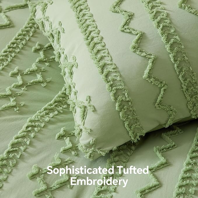 BEDELITE Full Comforter Set 7 Pieces,Boho Bed in a Bag,Sage Green | Tufted Bed Set for All Seasons,Soft Farmhouse-Style Embroidery Bedding,Includes Flat & Fitted Sheets,2 Pillowcases & 2 Shams