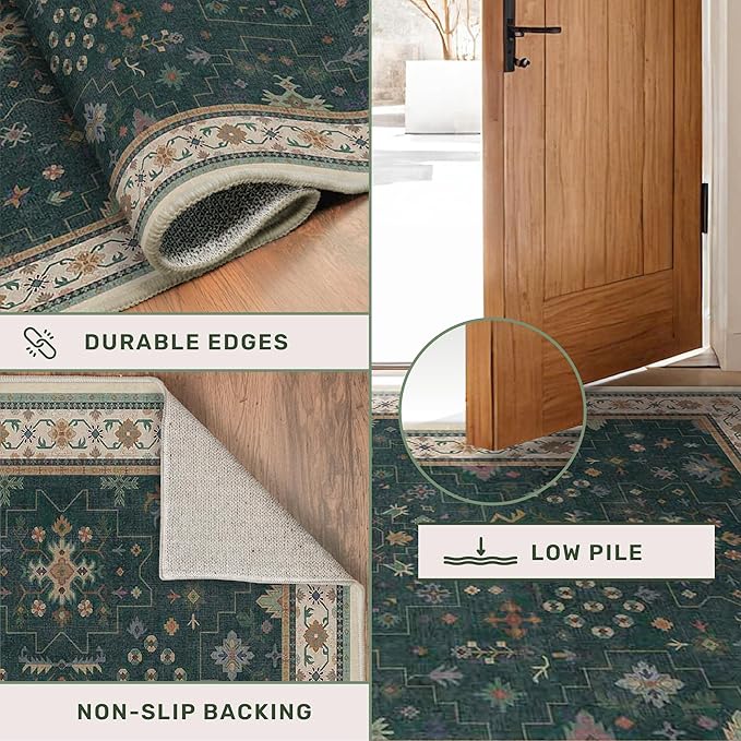 Dark Green Oushak Living Room Rug 10x14 - Modern Vintage Boho Eclectic Floral Pastel, Washable Low Pile Non-Slip Extra Large Area Rugs for Dining Under Table Bedroom Lounge