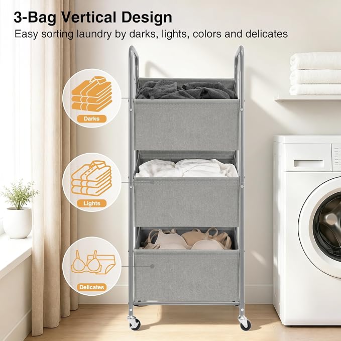 STO STO 3-Tier Vertical Rolling Laundry Hamper, Removable Bags, Gray Faric | 120L Capacity, Space-Saving Vertical Design, Rust-Resistant Steel Frame, Lockable Wheels, Ideal for Apartments & Small Spaces