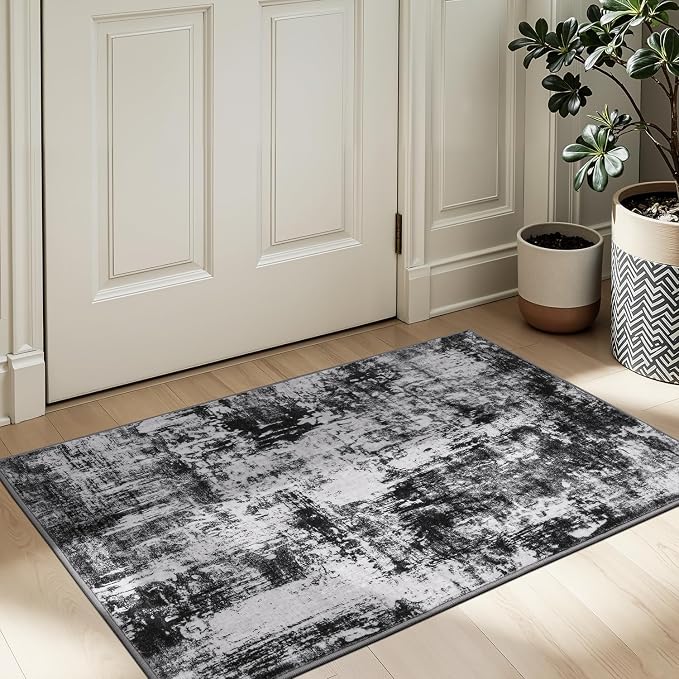 Rugflix 3x5 Entrance Rugs, Washable Black Grey Dark Entry Small Rug | Machine Washable; Stain-Resistant; Low Pile; Non-Slip; Modern Abstract; Carpet for Entryway Kitchen Hallway Home