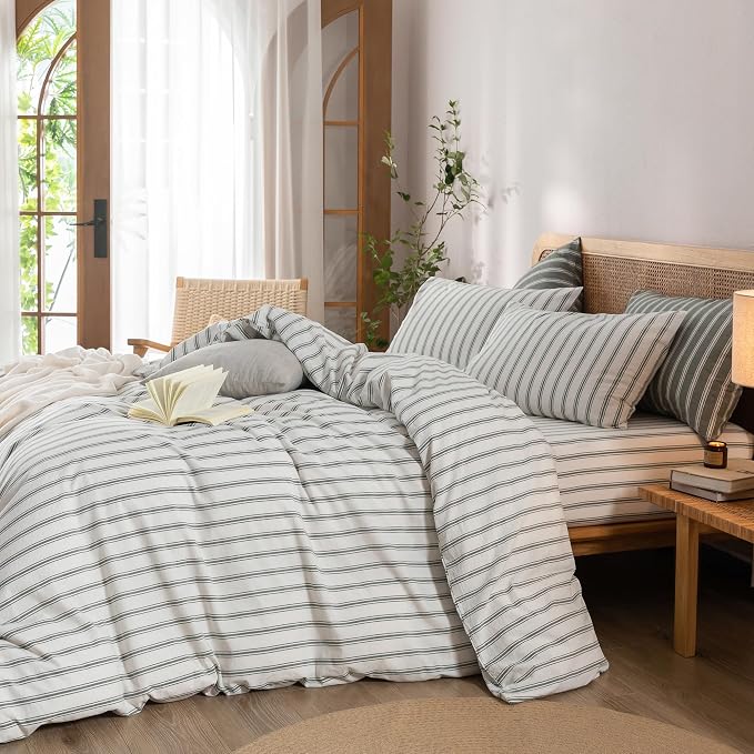 BESTOUCH Striped Cotton Duvet Cover Set Linen Feel California King | 100% Washed Cotton, Soft Wrinkle Texture, Hidden Zipper, 8 Ties, Breathable Lightweight Durable Comfy, 3 Pcs No Insert