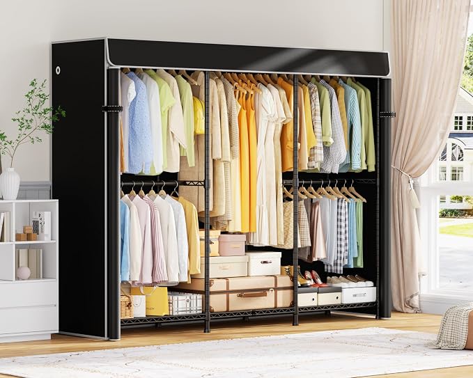 ULIFHOME E14C Pro Heavy Duty Closet Organizer System，Freestanding Clothing Racks for Hanging Clothes，Adjustable Garment Rack 69" W × 16" D × 77" H Hold 960 lbs，Black Rack with Black Dustproof Cover
