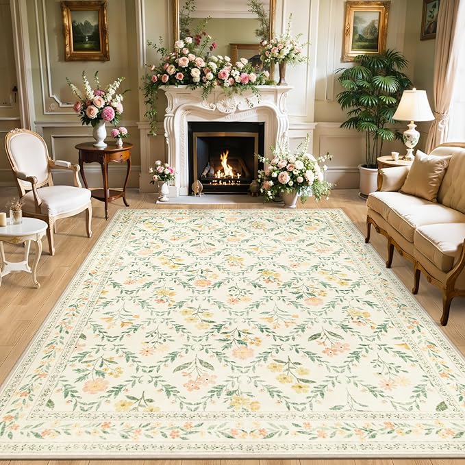 PLHXFR Area Rug 10x12 Living Room: Floral Washable Boho Carpet Beige Multi | For Bedroom Dining Room Farmhouse Nursery Hallway,Vintage Floral,Machine washable,Non Slip,Stain Resistant,Large Indoor