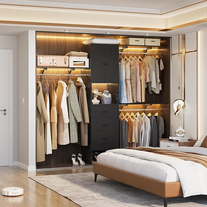 Armocity 96 Inches Closet System with Doors, 8FT Walk In Closet Organizer with 3 Shelving Towers, Heavy Duty Clothes Garment Rack with 3 Wood Drawers, 96" L x 16" W x 80" H, Max Load 1000 LBS, Black