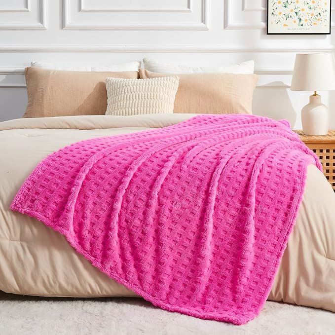 NEWCOSPLAY 3D Waffle Checkered Flannel Throw Blanket, Hot Pink, 50"x70" | Super Soft Cute Lightweight Decorative Premium Silky Fleece Blanket for Couch Sofa Bed, Gift for Women Men, All Season Use