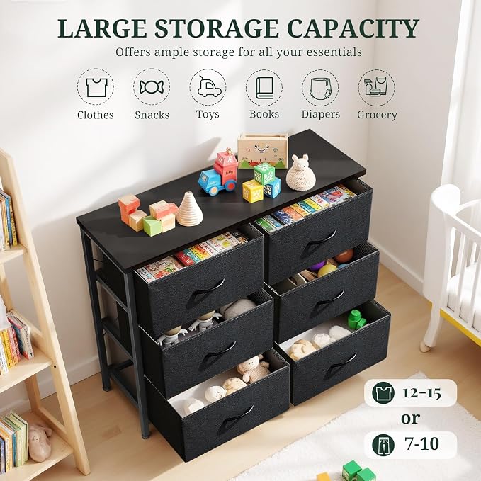 6-Drawer Dresser for Bedroom, Anti-Tip Wide Storage Organizer | Chest of Drawers with Wooden Top and Metal Frame Fabric Bins for Closet, Living Room, Hallway, Entryway, Black