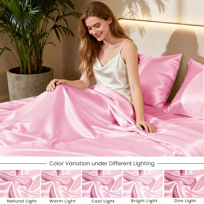 Love's cabin Twin XL Satin Sheet Sets - 3 Piece Pink Silky Bed Sheets with Deep Pockets, Luxury Silk Feel Satin Sheet Set Twin XL (1 Flat Sheet,1 Fitted Sheet,1 Pillow case)