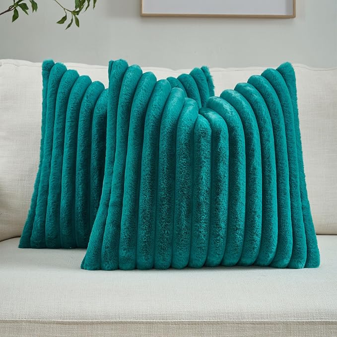 FUTEI Pack of 2 Faux Fur Throw Pillow Covers 16x16 Inch, Teal | Fluffy Faux Rabbit Fur Front/Premium Velvet Back,Hidden Zipper,Machine Washable,Non-Shedding,Colorfast,Insert Not Included.