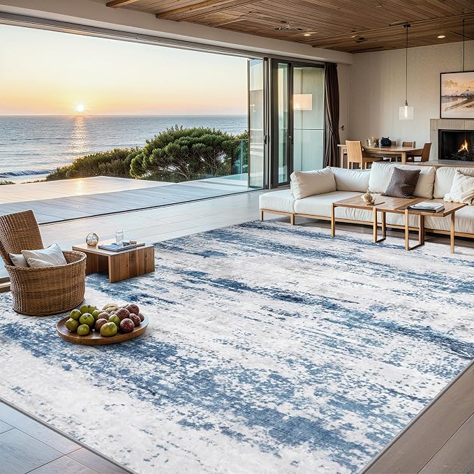 PLHXFR 10x14 Area Rug Living Room: Abstract Washable Carpet White Blue | For Bedroom Dining Room Farmhouse Nursery Home,Machine washable,Non Slip,Large Soft Neutral,Stain Resistant, Indoor Floor