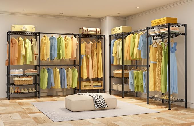 SEMHOR E06 Expandable Heavy Duty Clothes Rack for Reach-in Closet | Freestanding Clothing Racks with Shelves, Carbon Steel Closet Organizer System Adjustable 70.8-93.9", Max Load 800LBS, Black