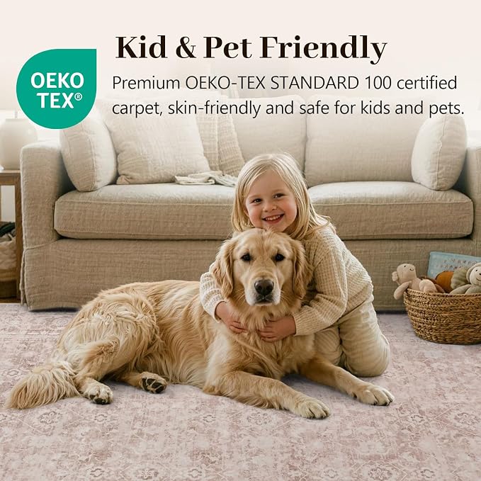 5x7 Ft Area Rugs for Living Room, Soft Non-Slip Machine Washable Rug, Vintage Stain Resistant Carpets for Bedroom Nursery Dining Room Home Decor (Grey Pink)