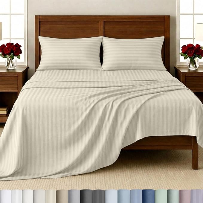 California Design Den Softest 100% Cotton Sateen King Bed Sheets Set, Ivory | 500 Thread Count Backed by Good Housekeeping Seal, 16" Deep Pocket, All-Around Elastic, Durable, Easy Care - Ivory Striped