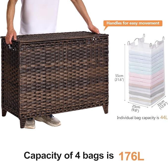 Laundry Hamper with 4 Removable Liner Bags, 176L Laundry Sorter with Lid | Raised Feet; Side Carry Handles; Handwoven PP Rattan; Rust-Resistant Iron Frame; Decorative Woven Design